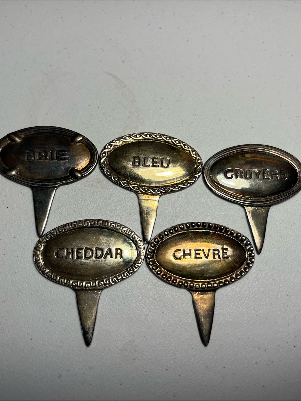 Set of 5 Silver-Tone Cheese Markers - Brie Bleu Cheddar Gruyere Chevre